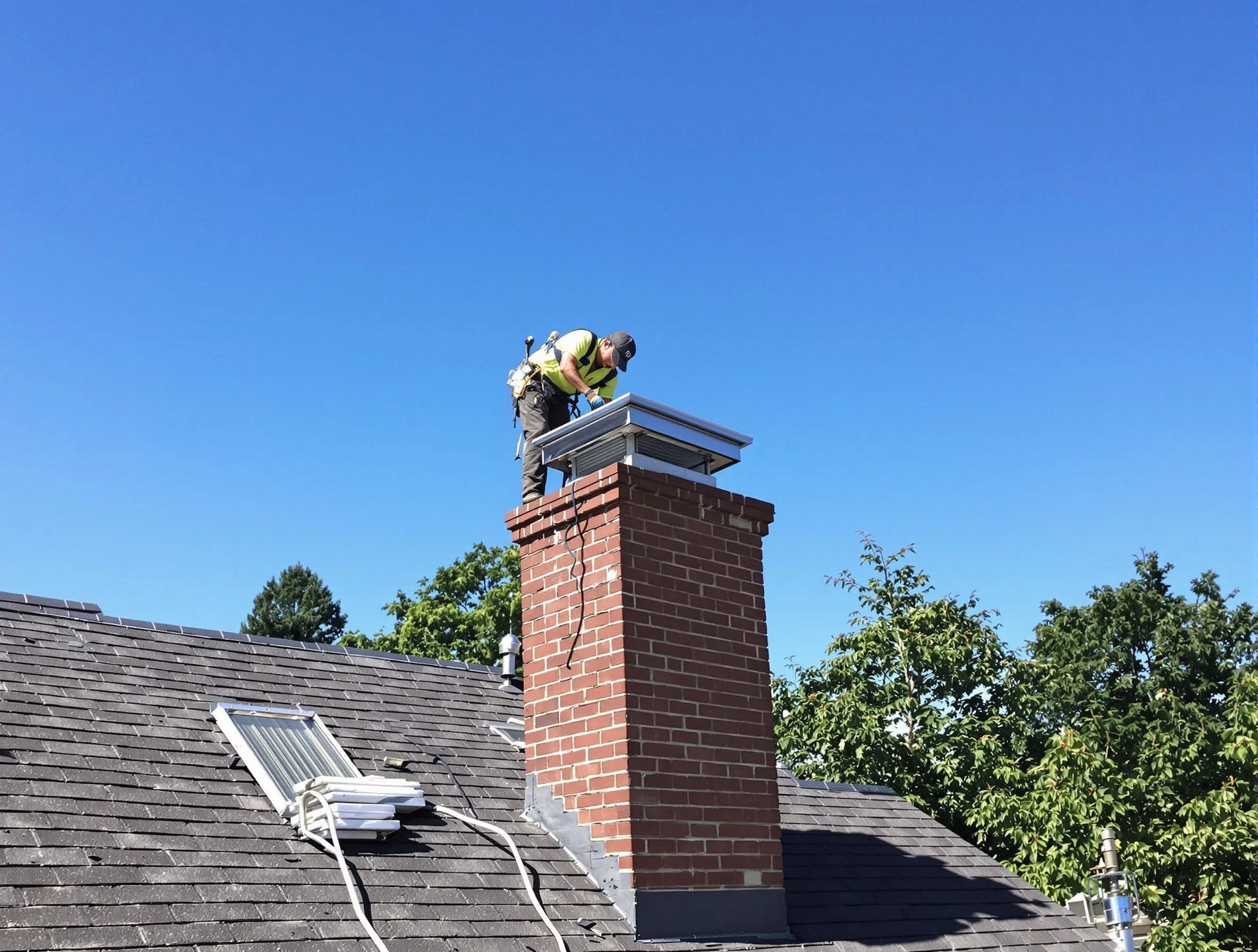 Tempe Chimney Sweep technician measuring a chimney cap in Tempe, AZ